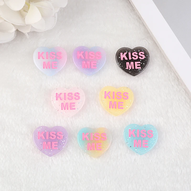 16 Pcs 22*24 MM Glitter Heart Charms Flatback Resin Cabochons XOXO KISS ME LOVE YOU  Pendants for Earrings Necklaces Diy Making