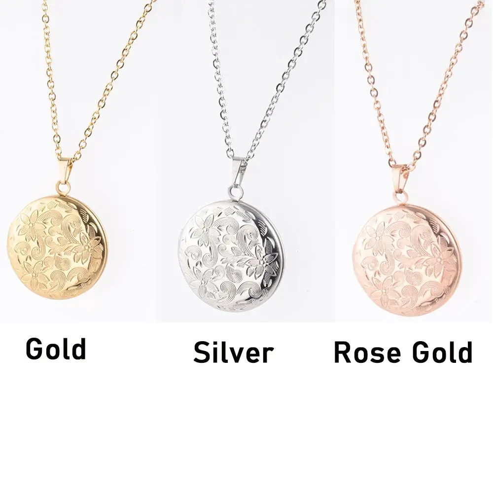 1PC Round Shape Photo Picture Locket Necklace Vintage Three-dimensional Carving Secret Message Locket Pendant Chain Jewelry Gift