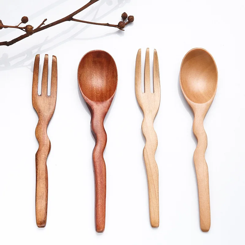 Natural Wooden Spoon Fork Dinner Rice Soups Utensil Handmade Home Tableware Dinnerware Cutlery For Kicthen Restaurant Flatware