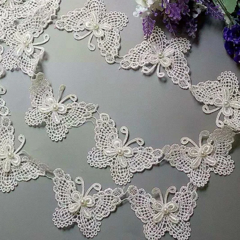 

2 Yard White Butterfly Pearl Embroidered Lace Trim Ribbon Applique Sewing Craft Crochet Fabric Edging Trimmings Wedding