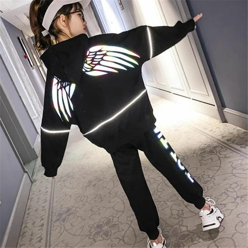 2021 Fashion Spring Winter Letter Children Girls Suit Reflective Wing Jacket Pants 2Pcs/Sets Active Clothing Kids High Quality