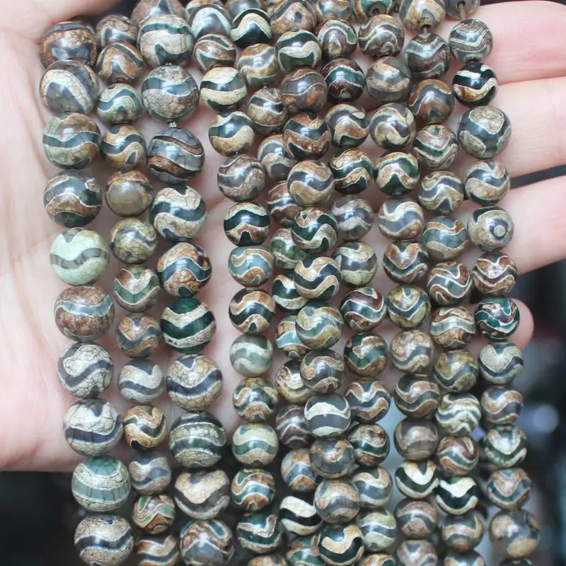 Grün Welle linie Tibet Alte Dzi Achate 8/10mm Runde Perlen, DIY Schmuck Machen!