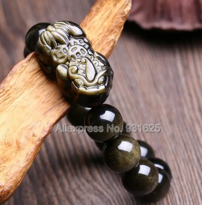 Natural Gold Obsidian 8mm - 20mm Beads + Obsidian Carved Coin PiXiu Lucky Stretch Elastic Bracelet Fashion Jewelry