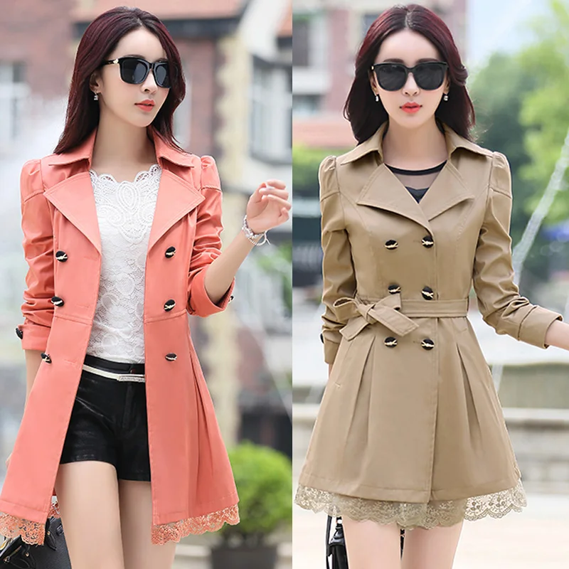 Spring Autumn Lace Stitching Women\'s Trench Coat 2024 Korean Slim Double-breasted Long Sleeve Outwear Solid Casual Windbreaker