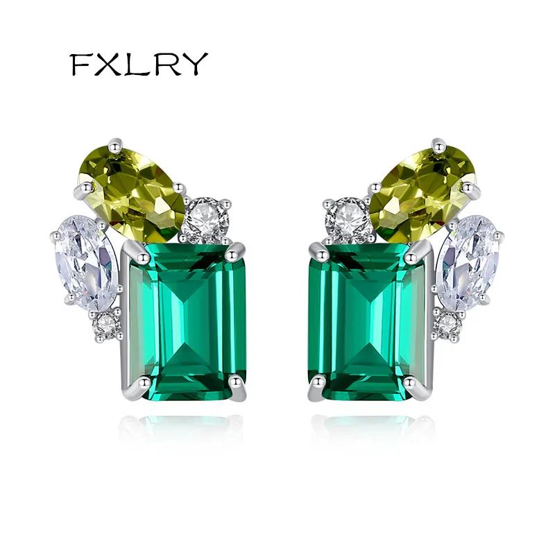 

FXLRY Classic Stylish Emerald Zircon Green Leaf Stud Earrings For Women Wedding Engagement Jewelry