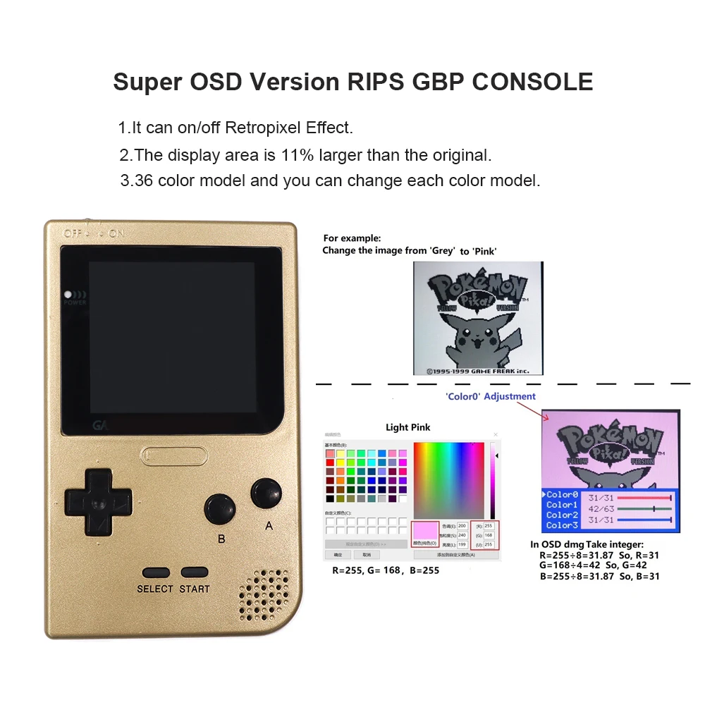 Refurbished Larger display area For Game Boy Pocket GBP Console With Q5 OSD Menu Backlight LCD Kit-Golden Color