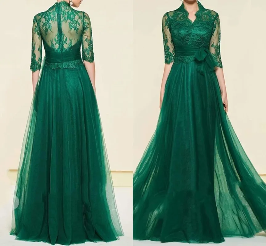 Vintage สีเขียวดูไบชุดราตรี2023 V คอลูกไม้ยาวชุดอย่างเป็นทางการ Gamis Elegan De Soiree Vestidos De Fiesta