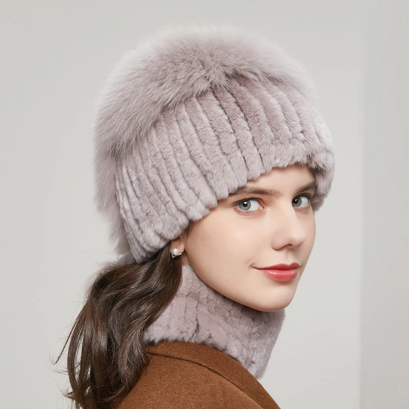 Winter Women\'s Rabbit Fur Hat Natural Fluffy Fox Cap Fashion Warm Knitted Authentic Russian Hot-Selling Style Female Cap 20HY-12