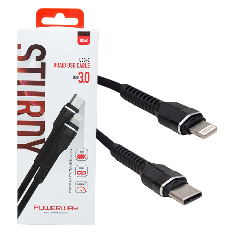 POWERWAY QC-48 BRAIDED USB 3.0 TYPE C LİGHTNİNG DATA AND CHARGER CABLE