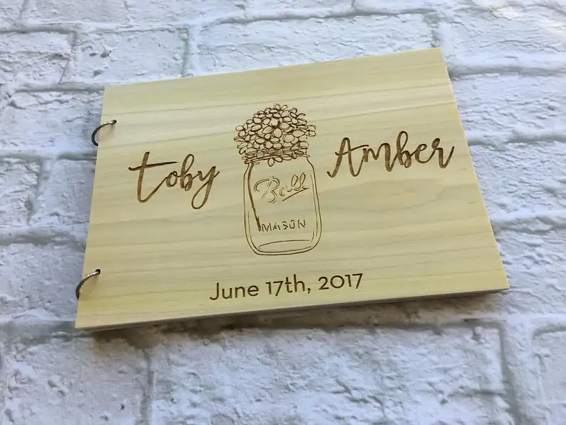 Hardcover Wedding Guestbook | Mason Jar Wedding Guestbook | Wood Cover Guestbook | Wooden Guest Book | Rustic Guest Book