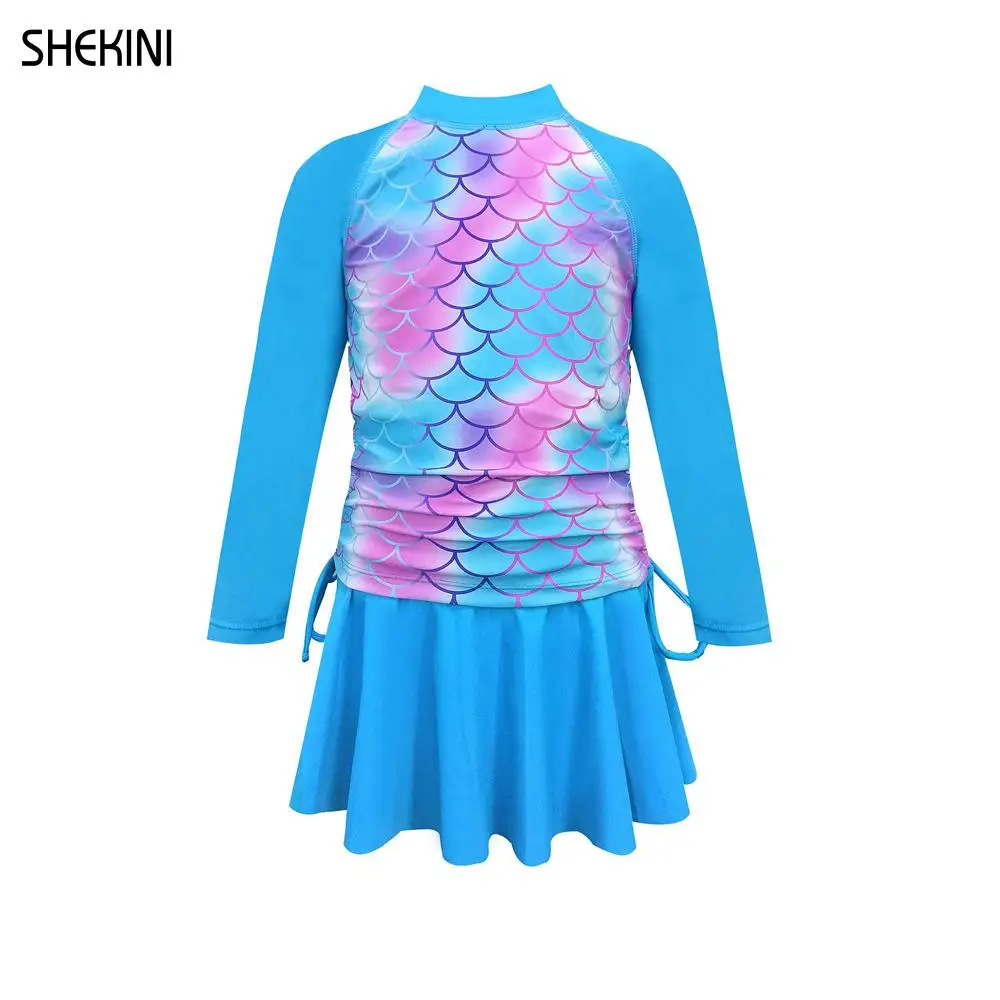 SHEKINI Gril's Two Piece Long Sleeve Swimsuit Printing Rash Guards Teen Bathing Suit Teenage Girls Bikini Ruffles Skirt Swimwear