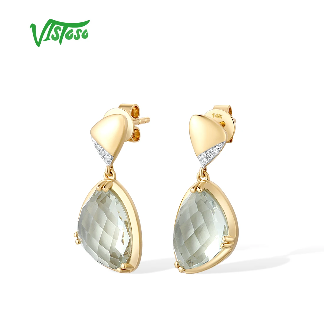 VISTOSO Pure 14K 585 Yellow Gold Earrings For Women Sparkling Diamond Natural Prasiolite Elegant Drop Earrings Gift Fine Jewelry