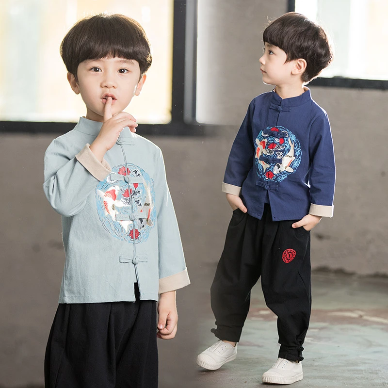 Vêtements traditionnels chinois pour enfants, olympiques de nouvel an pour garçons, ensemble haut et pantalon, Hanfu imbibé, cosplay pour enfants,