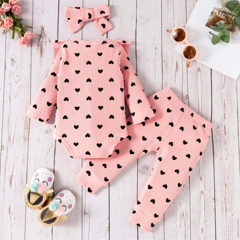 Baywell 3Pcs Baby Girl Outfit Set Newborn Toddler Girls Clothes Love Printed Long Sleeve Bodysuit +Pants+Headband Clothing