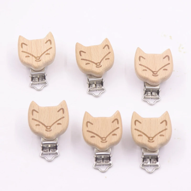 Baby Beech Wooden Clip 5pcs Baby Teether Rodent Cartoon Fox DIY Pacifier Chain Nipple Holder Accessories Nurse Gift Teething Toy