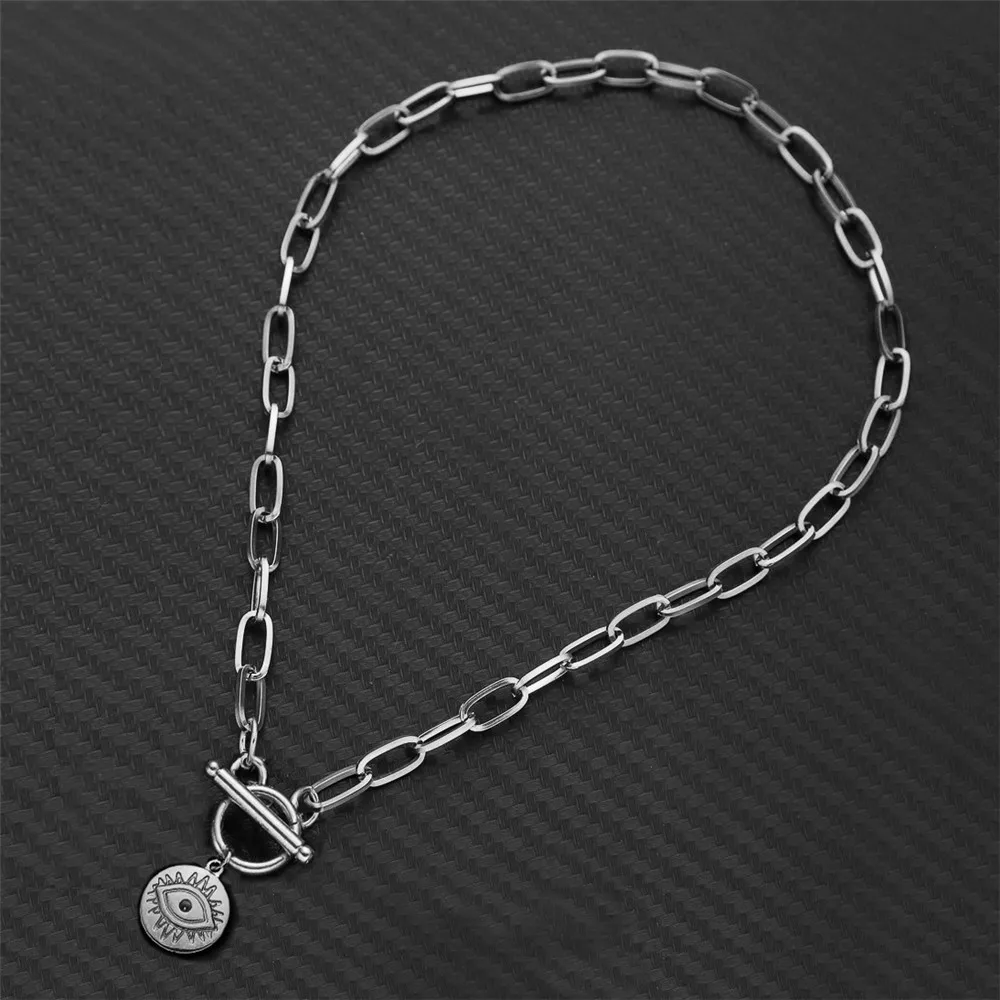 New Arrival Vintage Stainless Steel Paperclip Chain Evil Eye Pendant Necklace For Woman Men OT Clasp Toggle Choker Jewelry