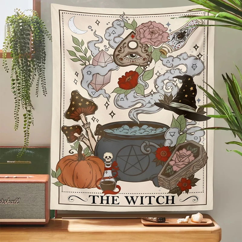 The Witch Tarot Card Tapestry Wall Hanging Retro Witchy Boho Cottage core Home Decor Hippie Mushroom Wall Carpet Decoration