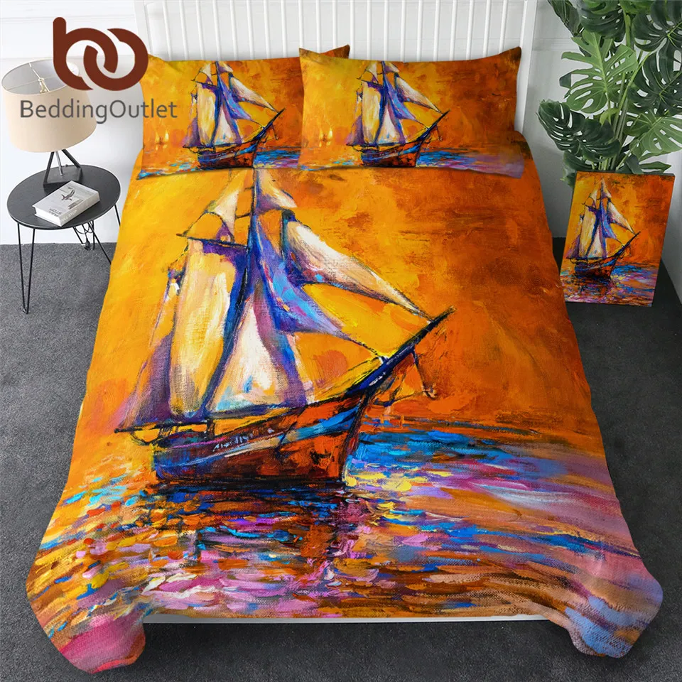 

BeddingOutlet Sailboat Bedding Set Oil Painting Duvet Cover Sunset Seascape Bedclothes Yacht Boat Modern Impressionism Bedspread