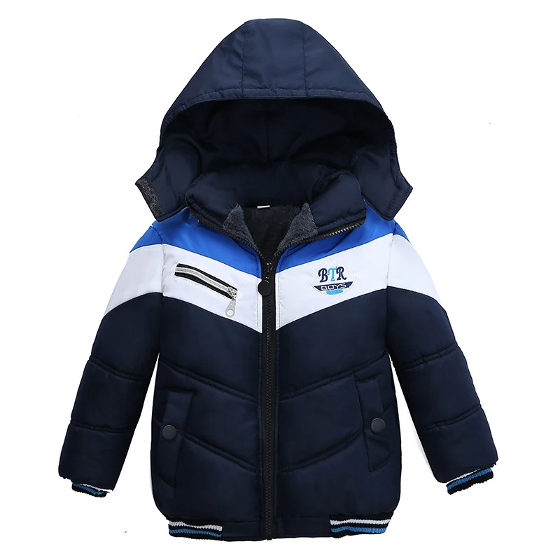 Baby boy winter cotton jacket letter printing plus velvet warm hooded padded coat thickened 2-5years old Beibei quality clothing