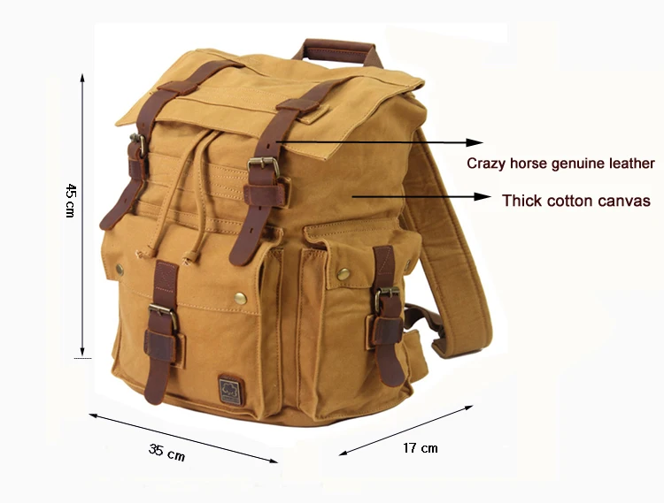 Vintage Leather Military Canvas Travel Backpacks Men & Women School Backpacks Men Travel Bag Big Canvas Backpack Large Bag
