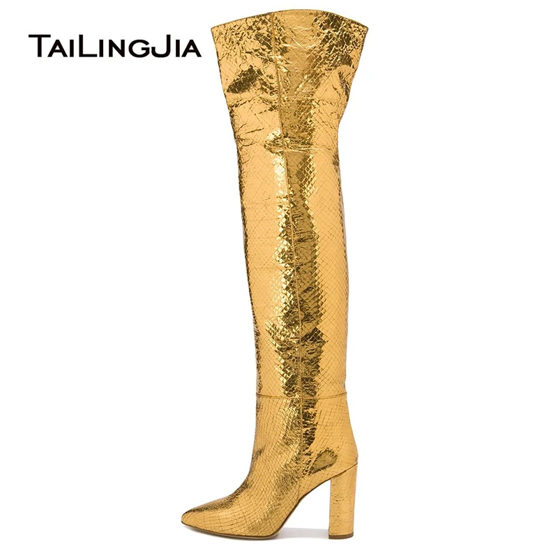 Gold Thigh Boots 2021 Women High Block Heel Over Knee Boots Chunky Heel Slip On Long Tall Boot Pointed Toe Ladies Winter Shoes