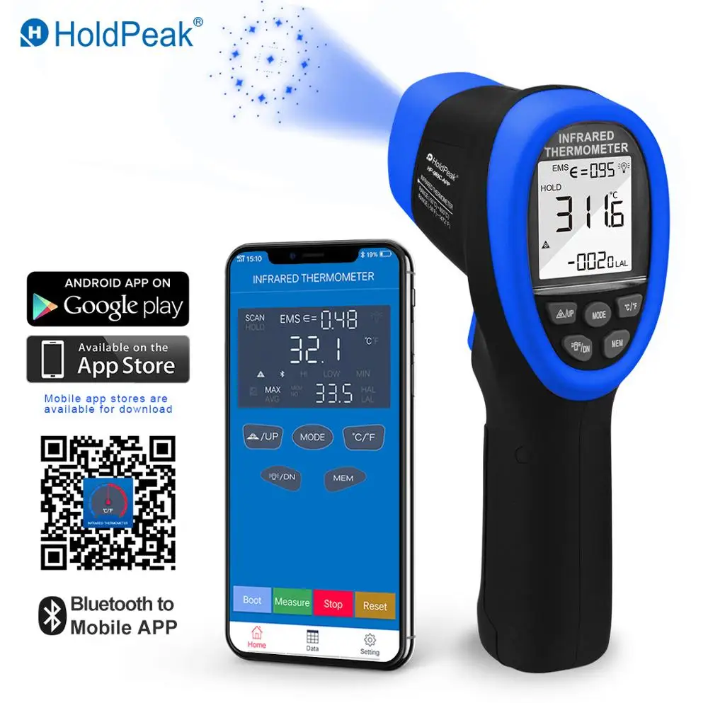 

HoldPeak HP-985C-APP IR Infrared Thermometer Handhold -50-800C/-58-1472'F Temperature Meter Gun IR Thermometer W/Bluetooth APP