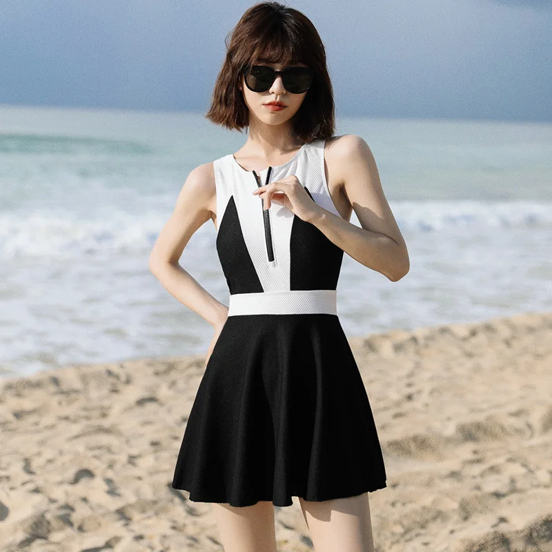 Women One Piece Swimsuit Summer Swimwear Dress Beachwear Patchwork Zipper Black Skirt Show Thin Female Elegant