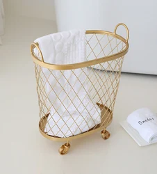 Modern Golden Fashion Metal Gold Color Dirty Clothes Storage Handle Wheel Laundry Basket Home Creative Organizer With Wheel
