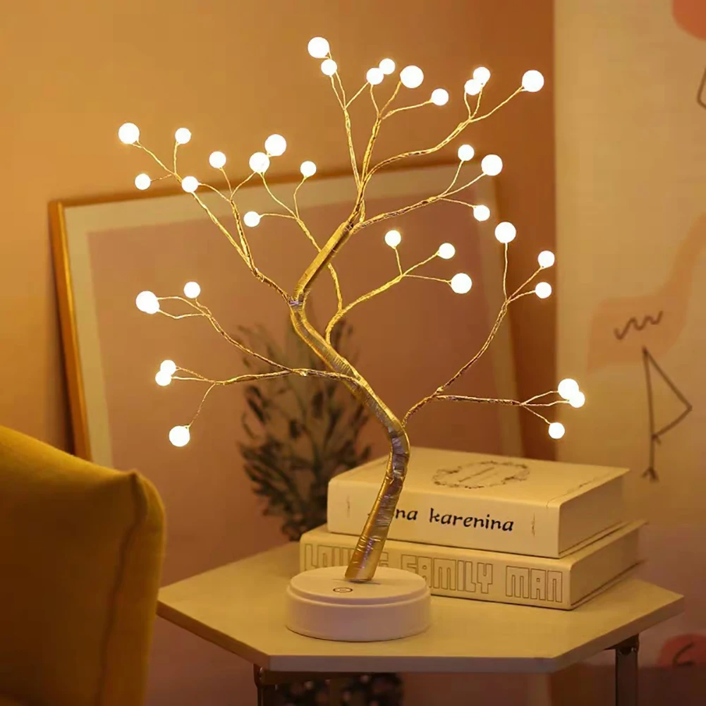 Fairy Light Spirit Tree Lamp Sparkly Tree Lamp Battery/USB Operated LED Mini Tree Warm Light Pearl Starry Night Light