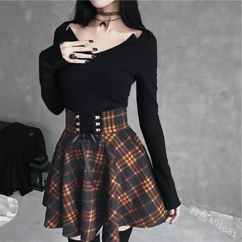 2024 High Waist Mini Gothic Skirt Lace Up Front A-Line Checkered Harajuku Dancing Clubwear Women Style Sweat Short Punk Skirts