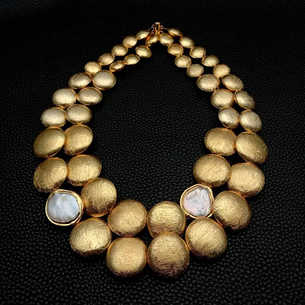 YYGEM 2 Strands Gold Plated Brushed Coin Bead Cultured White Coin Pearl Necklace 18' Hyperbole Style for Women