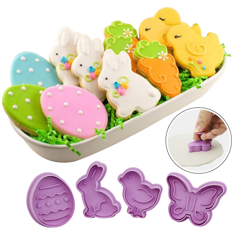 

1set Plastic Easter Biscuit Cookie Cutter Baking Mold Easter Bunny Pattern Pastry Plunger 3D Die Fondant Cake Decorating Tools