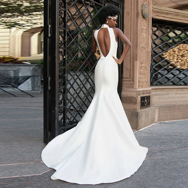 Simple African Mermaid Wedding Dresses 2021 Beach High Neck Backless Satin Bride Gowns Customized Robe De Mariee