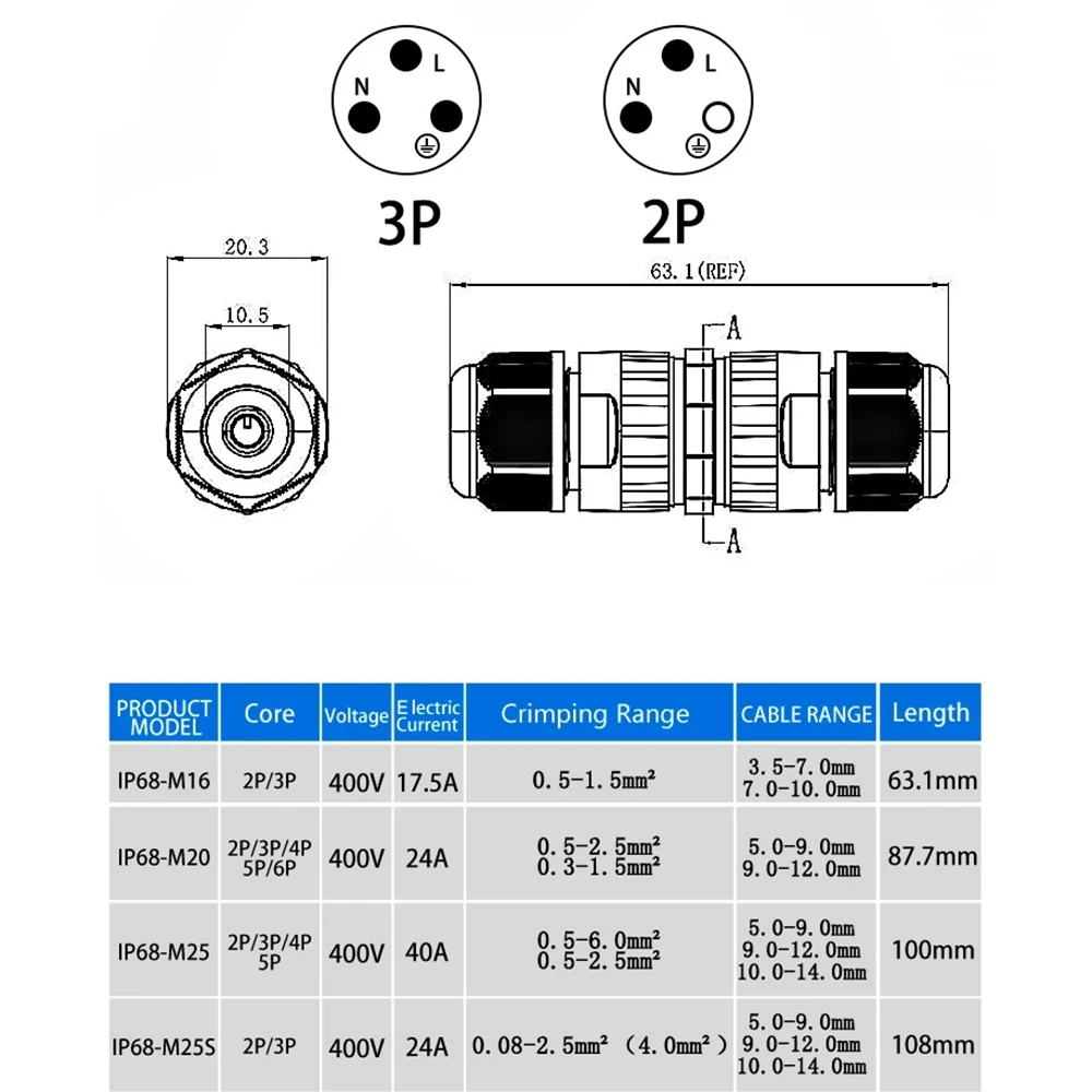 M16 IP68 Waterproof Connector 2/3 Pin Electrical Terminal Adapter Wire Connector Screw Solderless Connector For LED Light