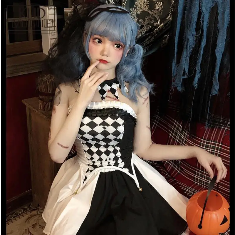Vestidos góticos sin tirantes para Halloween, ropa de actuación de circo, disfraz de payaso, conjunto de disfraces de Cosplay de cuadrícula en