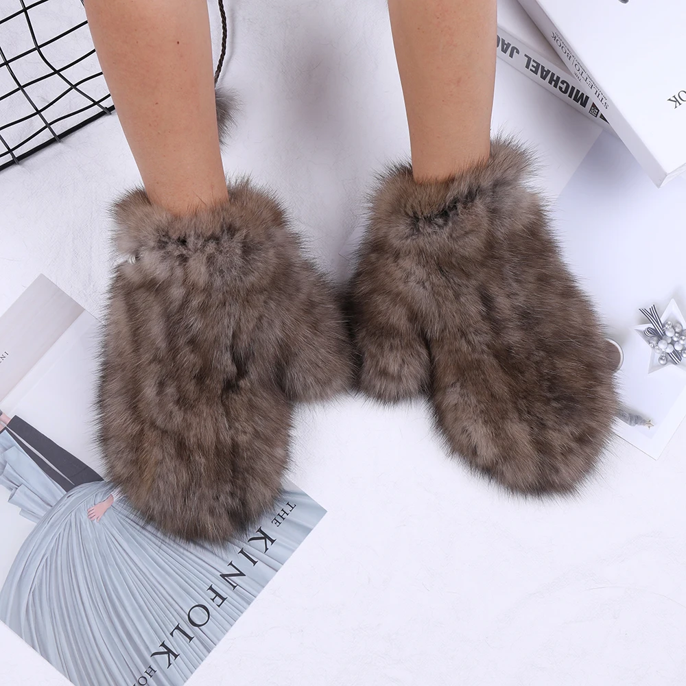 New Women Winter Luxury 100% Sable Fur Gloves Kintting Mittens Girls Ski Gloves Warm Fur Mitts Russian Lady Wrist Glove