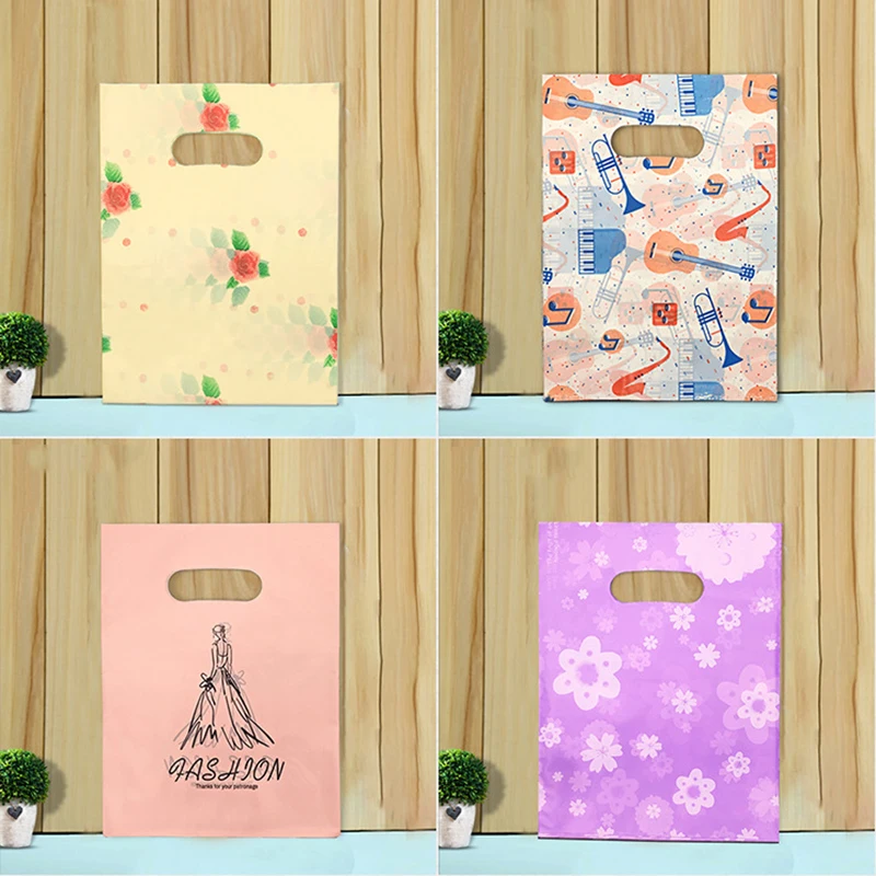 50Pcs 15x20cm/20x30cm Small Jewelry Bag Cute Pattern Plastic Bag with Handle Gift Bags Candy Cookie Party Favor Packaging Bag