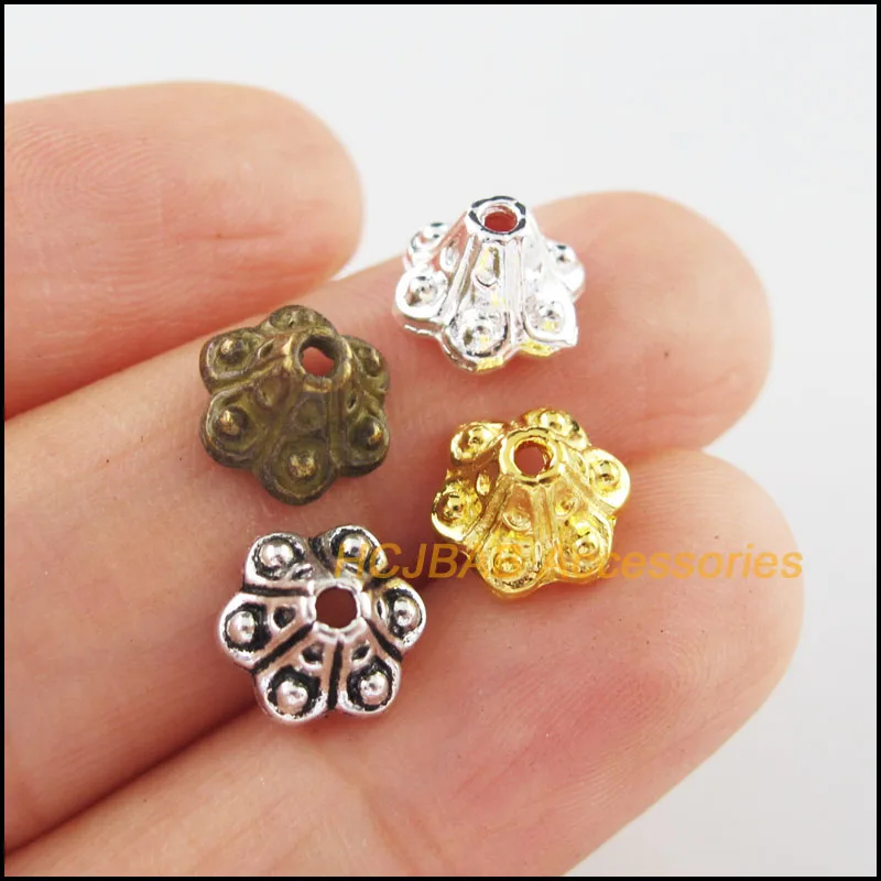 

40Pcs Tibetan Silver Tone & Bronze Gold Color Retro Horn Flower Spacer Beads End Caps Connectors 9mm