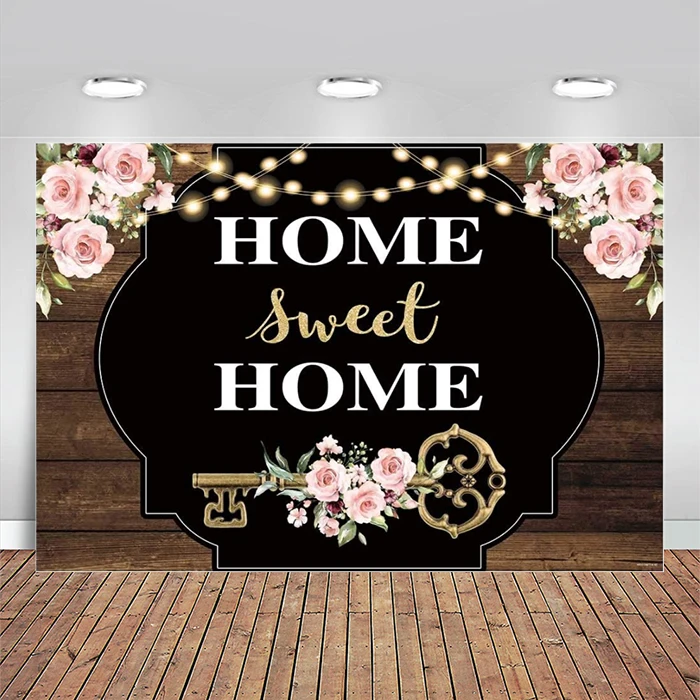 

Housewarming Home Sweet Home Photography Backdrop Key Bridal Shower Party Decoration Flower Rustic Wood Background Photo Booth