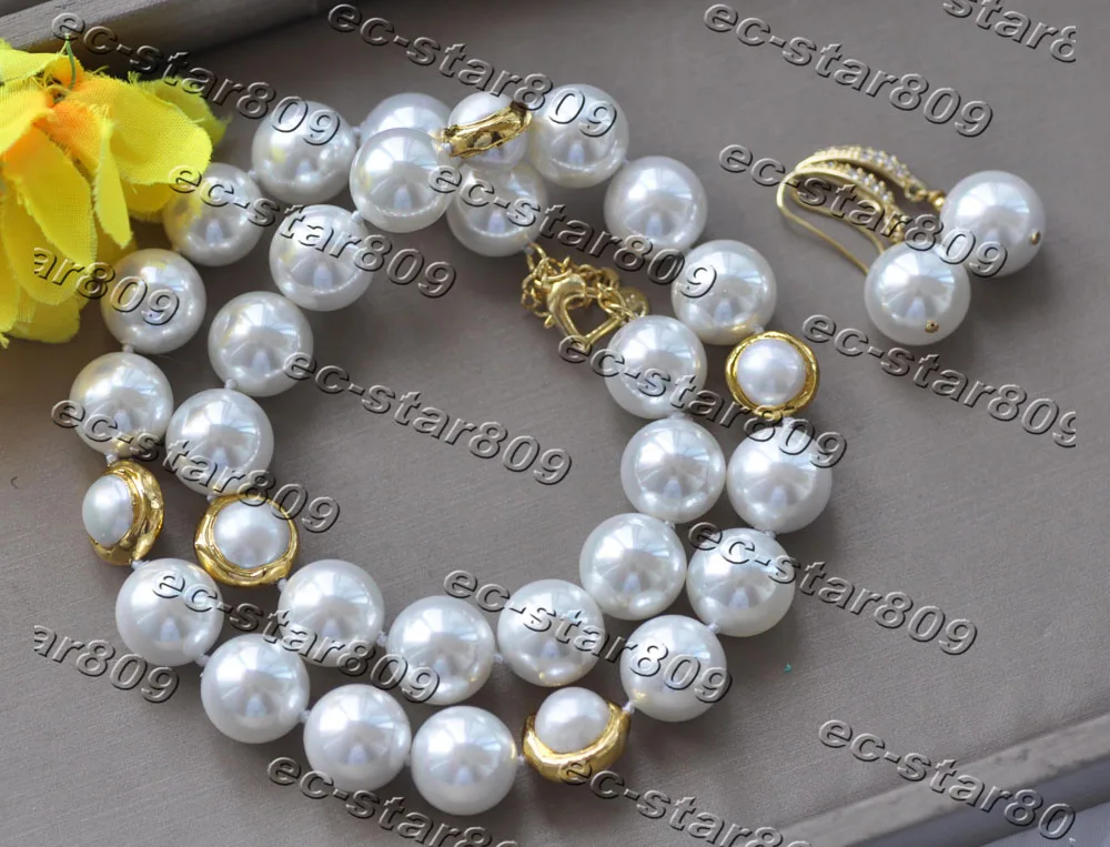 Z11304 Set 20" 14mm White Round South Sea Shell Pearl Necklace Bracelet Earring Women Fasion Jewelry view 2