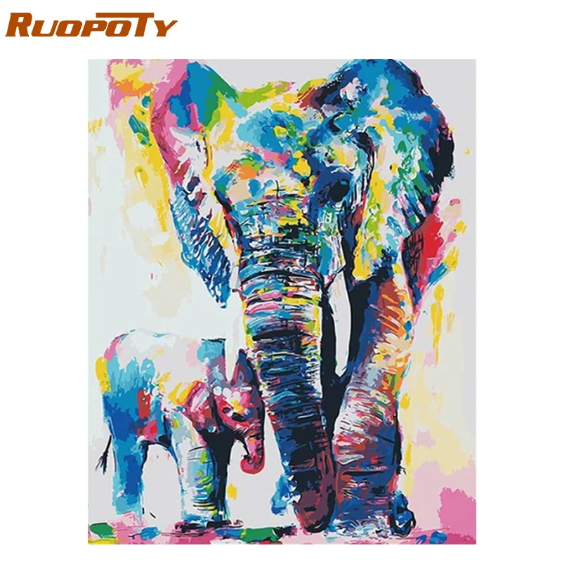 RUOPOTY Frame Picture Diy Painting By Numbers For Adults Elephant Animals Coloring By Numbers Kits Modern Home Decors Diy Crafts