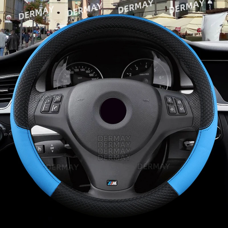 DERMAY 36cm 38cm 40cm 42cm Car Steering Wheel Covers PU Leather Blue line for Car Bus Truck Customized Large/Small Size