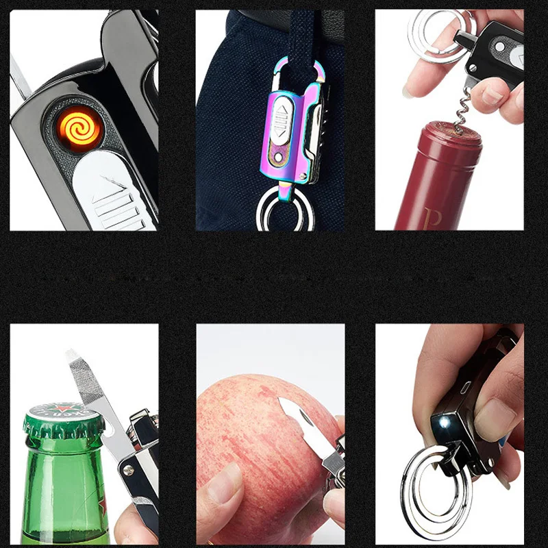 Multi-function keychain USB rechargeable Electronic Lighter Metal Windproof Cigar Lighter Beer Opener/fruit knife/Flashlight