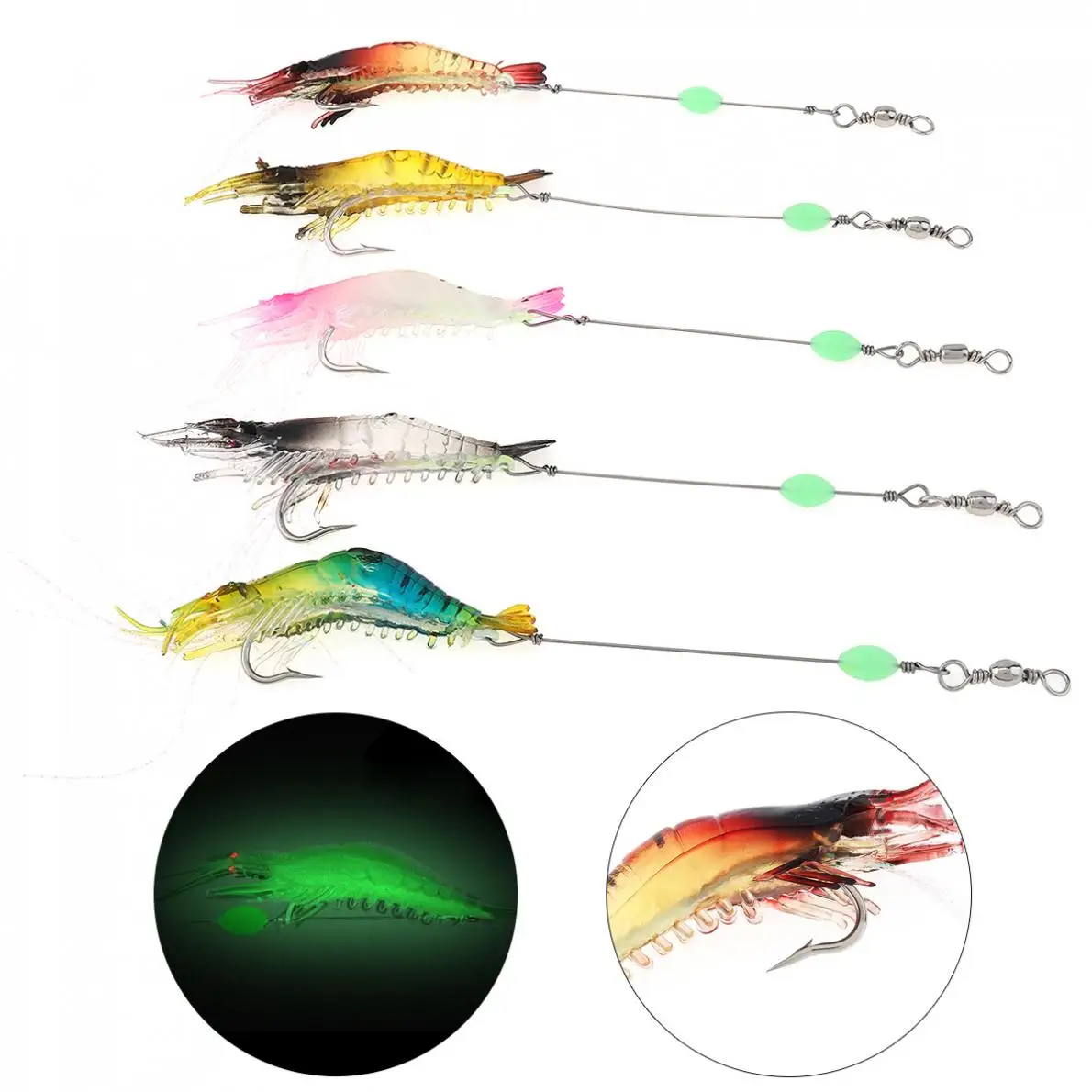 

5pcs/lot 9cm 5.2g Luminous Shrimp Soft Lures Soft Baits 5 Colors Mixed Artificial Baits with Fishing Hooks and Beads