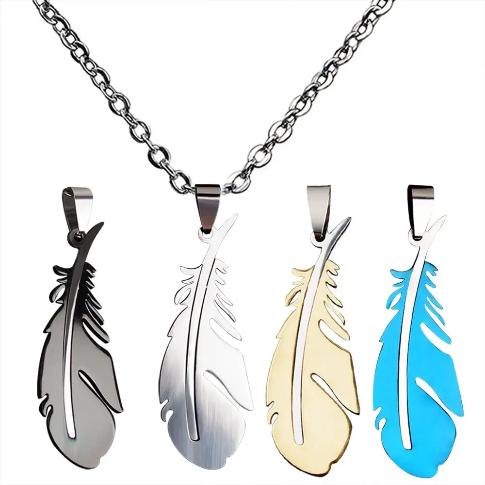 

Vintage Feather Pendant Necklace Stainless Steel Chain Jewellery Statement Necklace for Women Collar Bib Wedding Tribal Gift