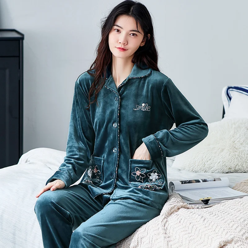 Winter Thick Warm Women Flannel Pajamas Floral Sleepwear Suit Long Sleeve Turn-down Collar Loose Soft Female Homewear