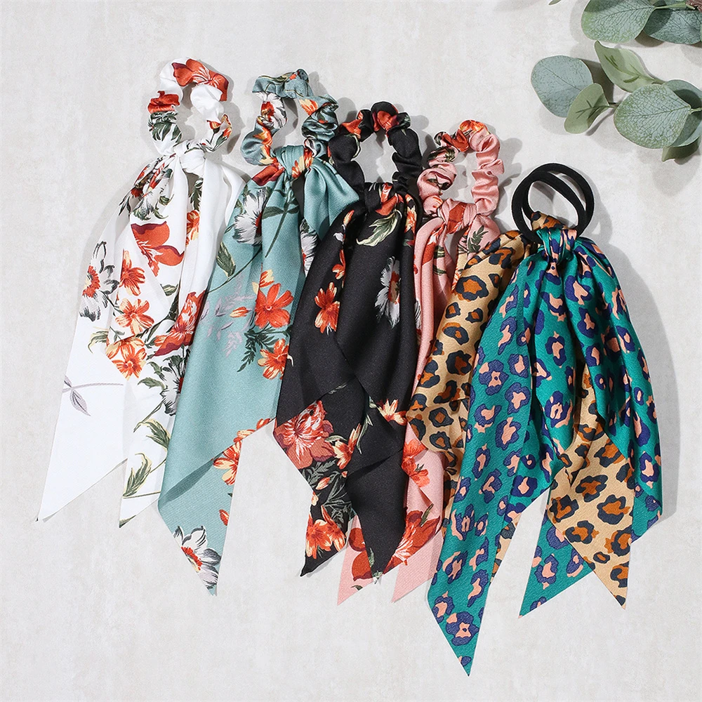 New Fashion Print Bow Scrunchies Nastro per capelli per donna Fascia elastica per capelli Ragazze Equiseto Cravatte per capelli Accessori per capelli