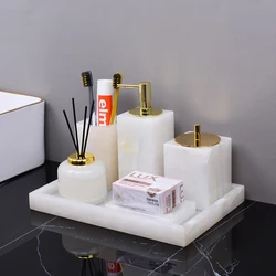 White Onyx Natural Marble Bathroom Accessories Minimalist Toothbrush Holder Soap Dispenser Cotton Swabs Container Bathroom Set