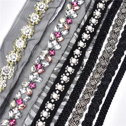 2 Yard Rhinestone Lace Ribbon Beaded Mesh Chain Trimming Fabric Diy Embroidered Collar Decoration Sew On Clothing Wedding Dress