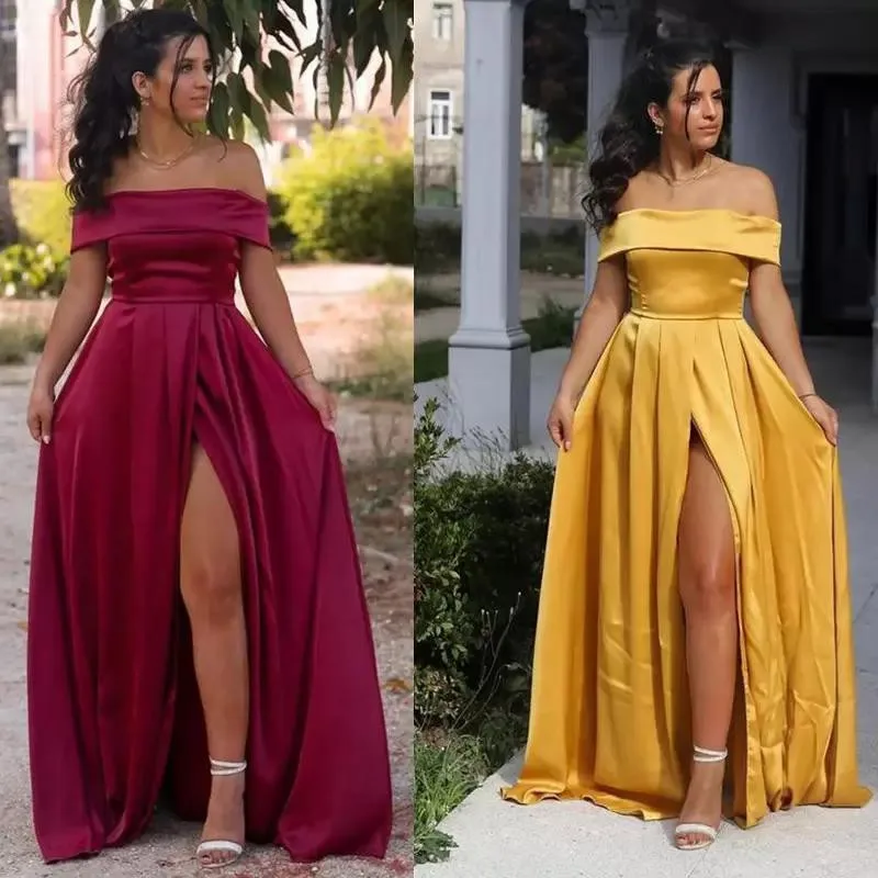 อย่างเป็นทางการ Party Dresses ชุดราตรีผู้หญิงสวมใส่ Bateau คอ Ruched ด้านแยกชุดราตรีเซ็กซี่ Backless Robe De Marrige